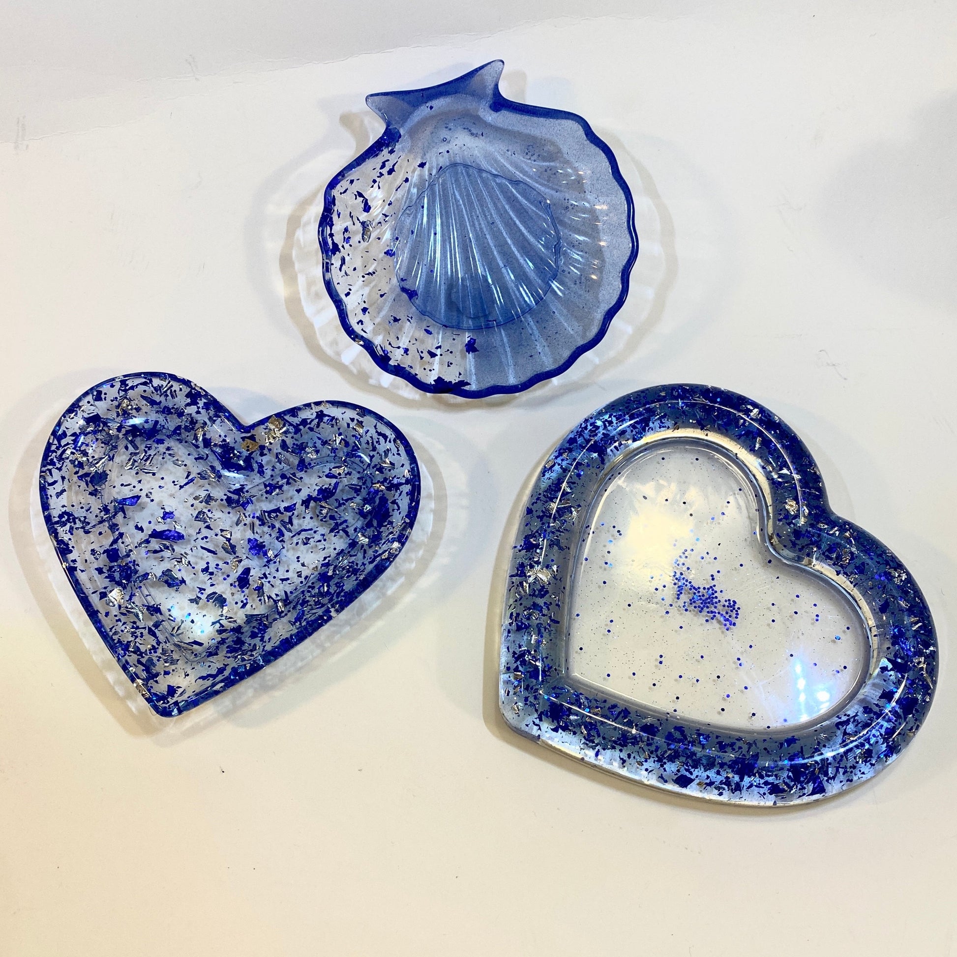 vide poches coeur bleu feuilles argent résine epoxy