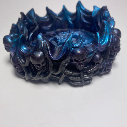 cendrier skull tetes de mort 3d résine epoxy bleu métallisé