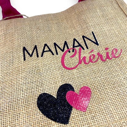 sac cabas en jute maman chérie naturel et rose fuchsia 